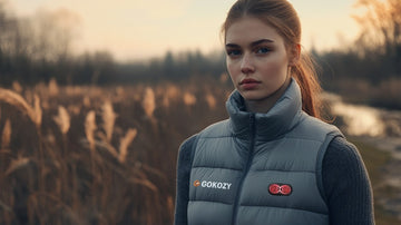 A lady wearing a grey heated gilet for warmth and comfort