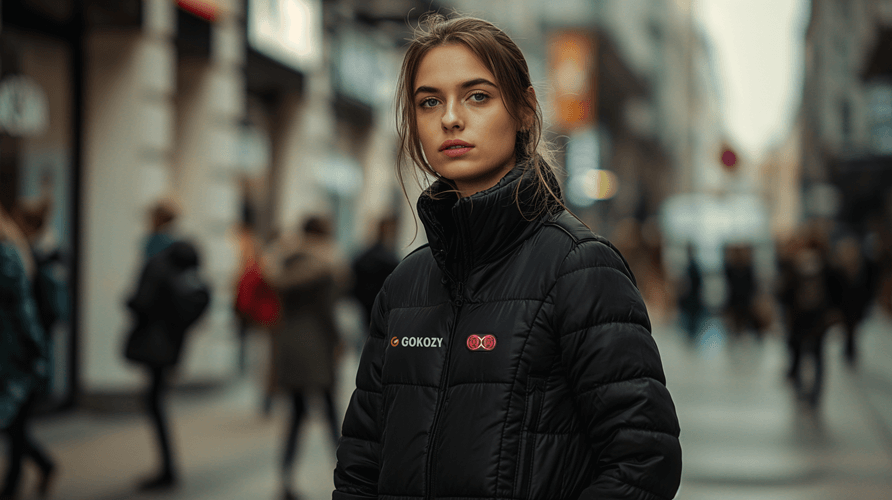 A woman wearing a GOKOZY heated jacket while walking on the street.