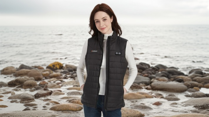 A woman wearing a GOKOZY heated vest standing by the seashore